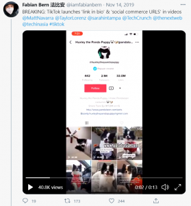print screen form Twitter showing a TikTok account used for eCommerce