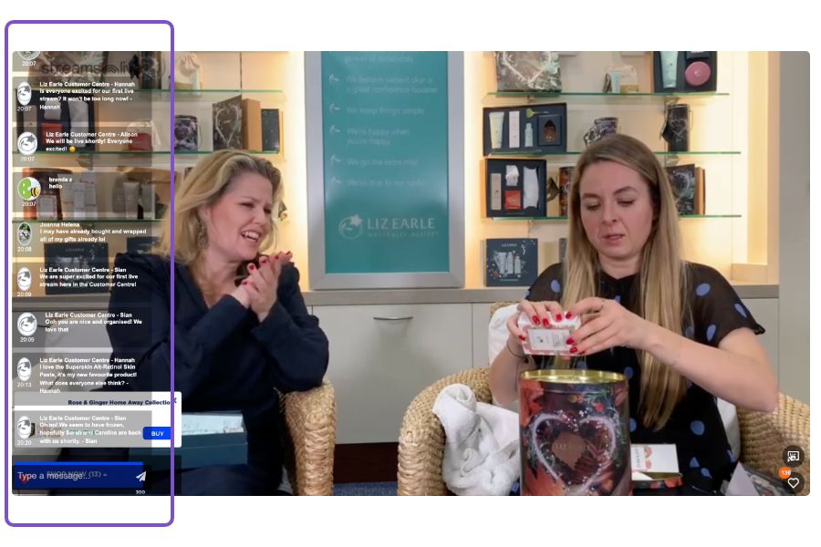 one of the live shopping best practices is to engage viewers through the chat option, just like in this image captured from Streams.live. Two ladies are showcasing products while viewers are using the chat option to ask questions