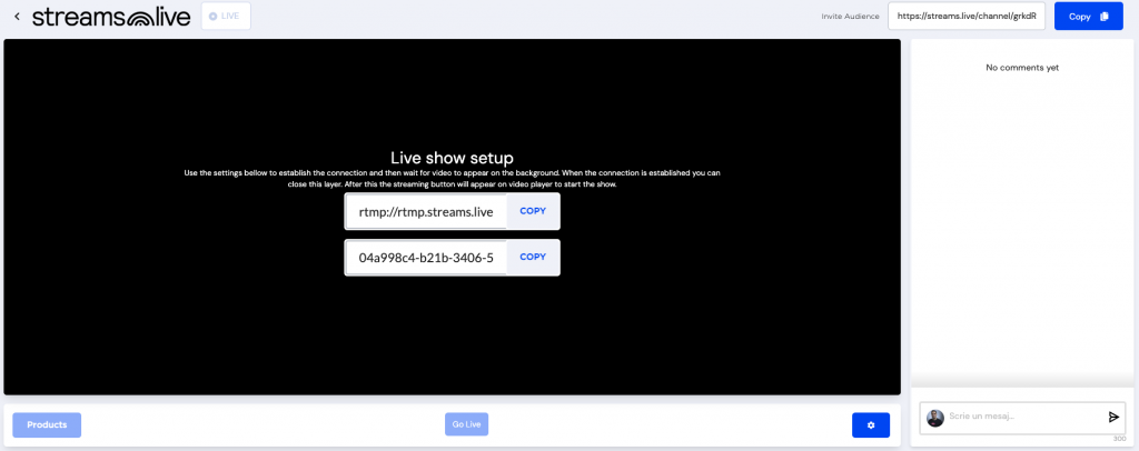 The Streams.live studio. This is where you can get your stream server and RTMP key